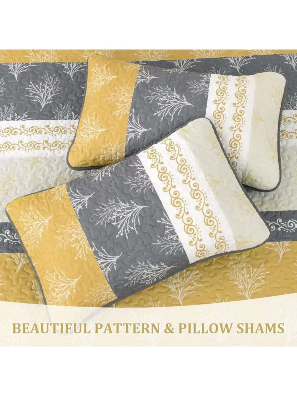 Boho Lightweight Queen Quilt Set, Striped Branch Bedspread in Yellow - Cozy